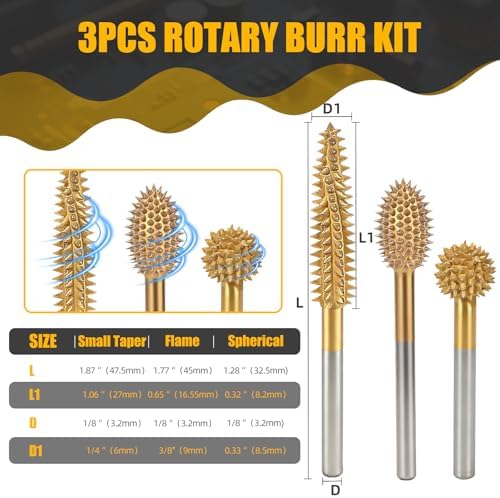 CAELUM Titanium Coated Rotary Burr Set 3Pcs, 1/8" Coarse, Wood Carving Bit