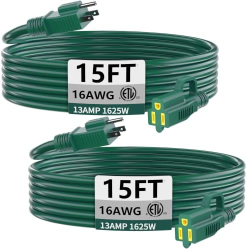 HUANCHAIN Indoor Outdoor Green Extension Cord 15 ft 2pcs Waterproof