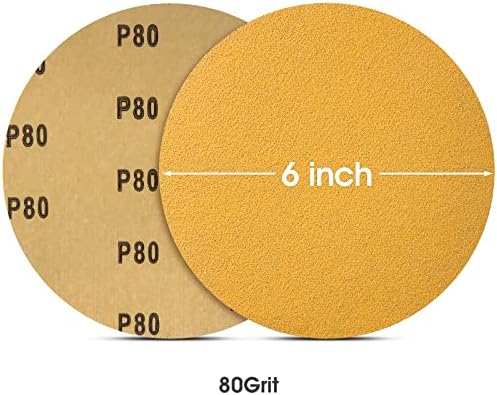 CowboyBOB 100 PCS 6 Inch Gold PSA Sanding Discs 80 Grit Self Adhesive Sticky-Back Sandpaper for DA Sander Finishing Abrasive Sand Paper Woodworking Wood Metal Sanding Disc Roll