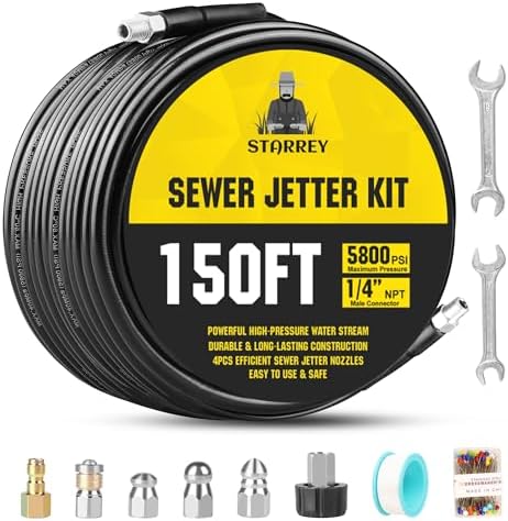 Pressure Washer Drain Jetter – Sewer Jetter Kit for Pressure Washer 150ft 1/4 Inch NPT Hose Nozzles and Adapter 5800PSI Clears Clogs in Pipes & Sewer Lines