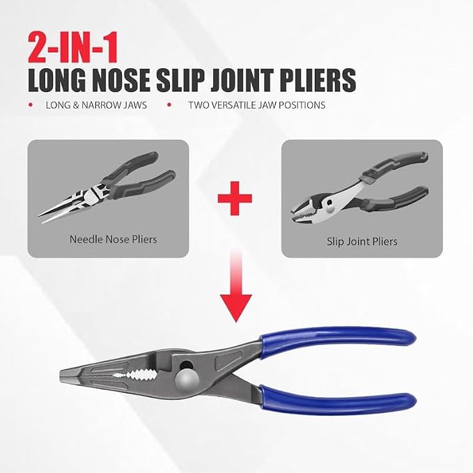 8" Long Nose Slip Joint Pliers, 3-Zone Serrated Jaw, CR-V Steel | 3-Zone Serrated Widened Jaw Grip; Adjustable Slip Joint Multi-Position; Drop-Forged Heat-Treated CR-V Steel