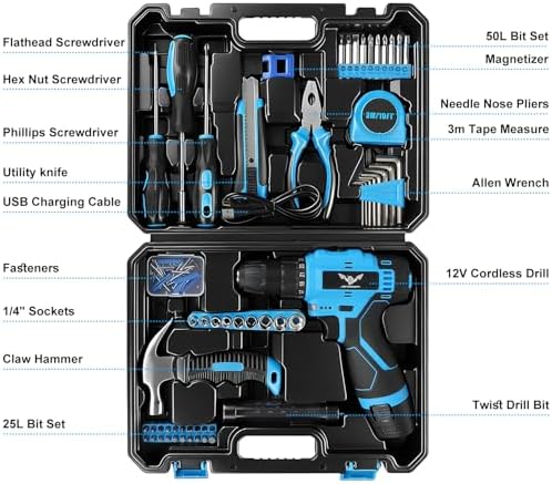 JENABOM 146-Piece Home Tool Set with 12V Blue Cordless Drill