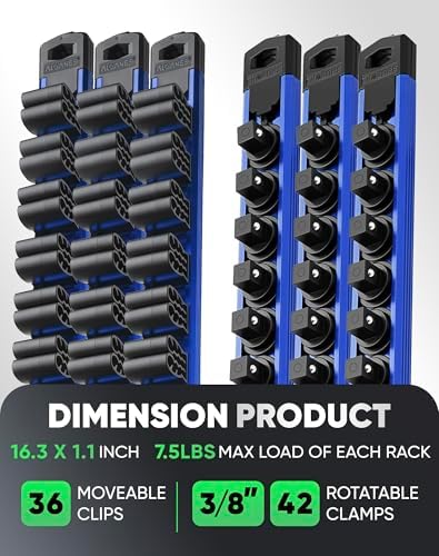ALOANES 6PC Magnetic Tool Organizer Set - 36 Slot Screwdriver Holder & 42 Clip 3/8" Socket Rail, Heavy Duty Aluminum for Toolbox & Pegboard (Blue)