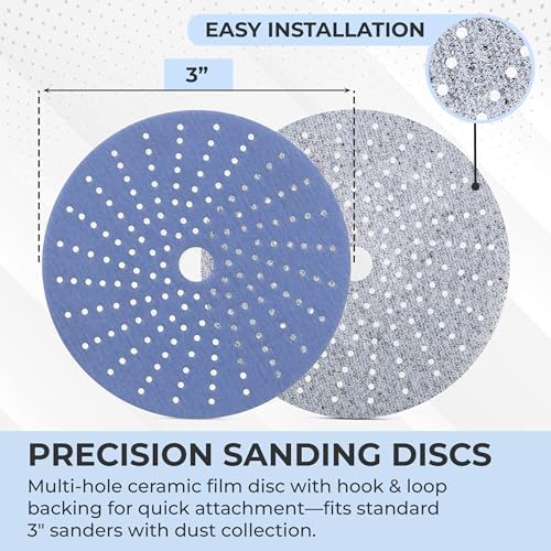Sunmight Gold 3 Inch 180G Multi-Hole Sanding Discs Hook and Loop – Premium Sandpaper Pads for Orbital Sander, Wood, Metal, Auto Body, Paint, Plastic, Dry or Wet Use, Woodworking & Polishing – 50 Discs