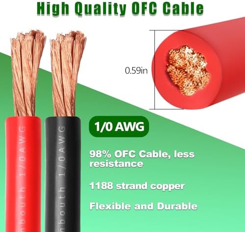 1/0 Gauge Battery Cable Copper Wire, 10FT Red + 10FT Black
