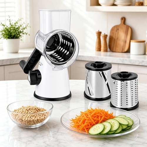 SUSTEAS Rotary Cheese Grater, Cheese Shredder with 3 Interchangeable Blades