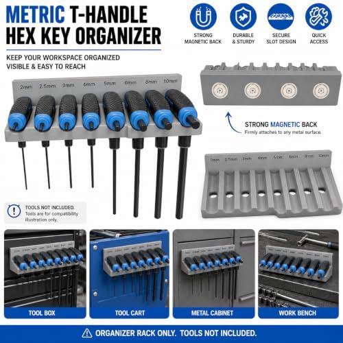 Magnetic T-Handle Hex Key Organizer Rack - Wrench Organizer for Garage, Tool Cart, or Workshop – Compatible with Toolboxes and Storage Systems - sae/metric/torx (Metric)