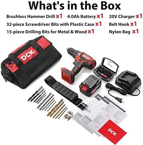DCK 20V Brushless Hammer Drill, 531 in.lbs, 36000 BPM, 1/2" Keyless All-Metal Chuck, 4.0Ah Battery, 22+1+1 Clutch, Impact Drill Kit for Drilling Brick Wall, Metal, Wood, KDJZ05-13 (Renewed)