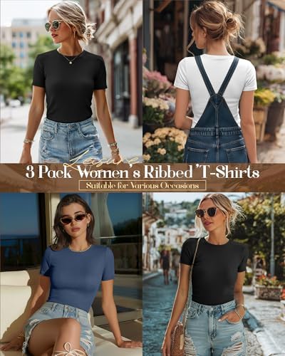 Ficerd 3 Pack Women's Ribbed Short Sleeve T-Shirts