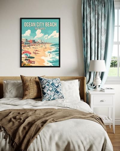 Ocean City Beach New Jersey Black Framed Wall Art Print Poster, US Vintage Retro Beach Scenery Posters Prints for Restroom Home Picture Painting Artwork Gallery 219 (Ocean City Beach New Jersey, 24"L x 18"W, Black Frame)
