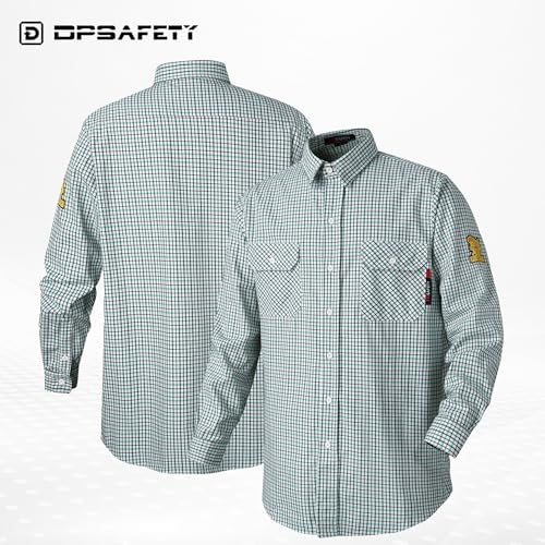FR Shirts for Men 7oz Fire Resistant Shirts CAT2 Welding Shirt 100% Cotton Flame Resistant Shirt Greens/Plaid(5X-Large)