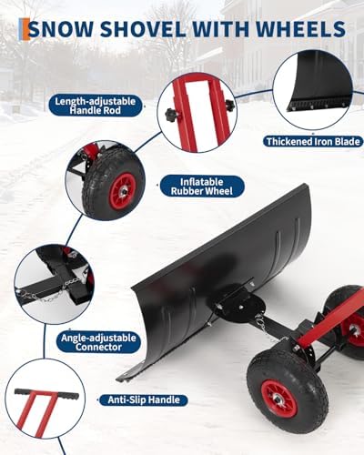 Wheeled Snow Shovel, 29"x16.5" Double-Rod Metal Snow Pusher Plow with 5-Angle Blade, Adjustable T-Handle and Rubber Wheels for Snow Removal from Driveways, Sidewalks & Doorways, Black & Red