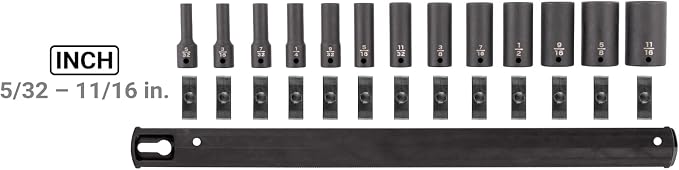TEKTON 1/4 Inch Drive Impact Socket Set, 13-Piece | SID90111 | (5/32 - 11/16 in.), Semi-Deep, 12-Point, Socket Rail