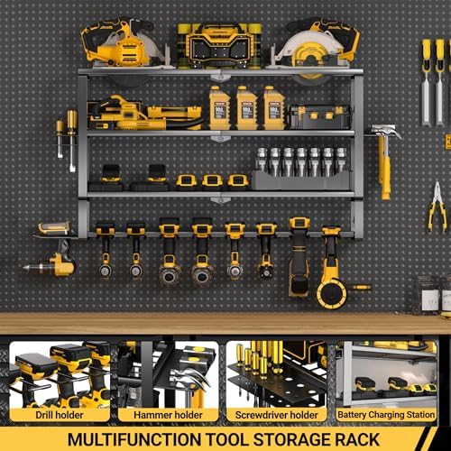 YYR Large Power Tool Organizer Wall Mount, Heavy Duty Metal Cordless Drill Storage Rack with Battery Charging Station Shelf, Utility Racks for Garage Organization, 4 Layer 10 Drills Holder Extra Tall