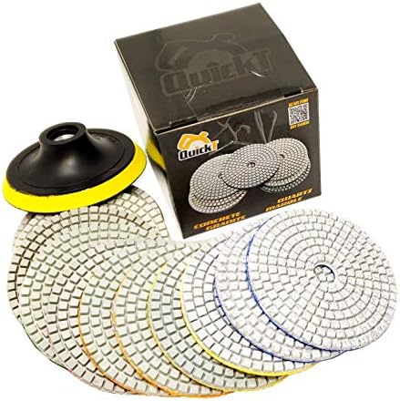 QuickT PPW701E Stone Concrete Marble Quartz Granite 4 Inch Diamond Wet Sanding Polishing Polisher Pads Kit Tools for Wet Grinder Polisher, Includes Countertop Polish DIY Guide & Video