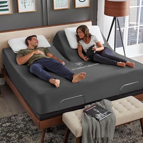 JS Sanders Collection 600TC Flex Top Queen Sheets for Sleep Number Bed - 100% Cotton 4 Pcs Top Split Queen Sheets for Adjustable Bed Queen 30 Inch Down Dark Grey -18 Inch Deep