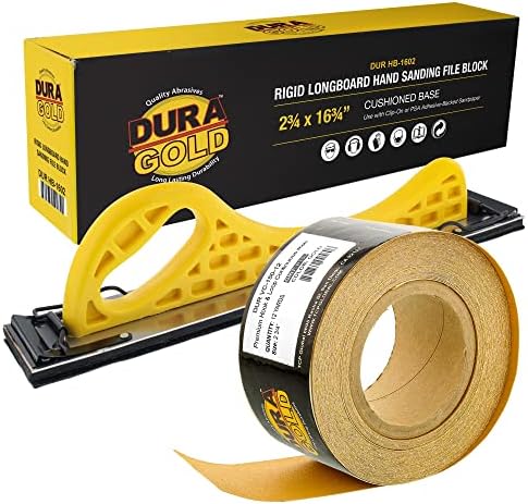 Dura-Gold Pro Series Longboard Hand Sanding File Sander Block - Hook & Loop Backing and PSA Adapter Pad & 150 Grit Sandpaper Roll, 2-3/4" Wide, 12 Yards Long