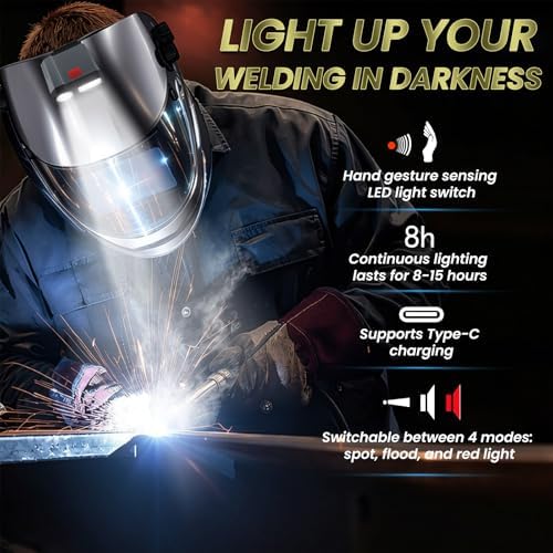 Large View True Color Auto Darkening Welding Helmet with LED Light - Solar Powered, 4 Arc Sensors, 1/1/1/1 Optical Clarity, Wide Shade 4/5-13 for TIG MIG ARC Grind