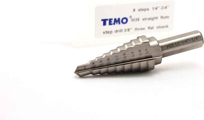 TEMO M35 Cobalt Double Straight Flute Step Drill Unibit, 9 Size 1/4 Inch To 3/4 Inch, 3/8 Inch Shank