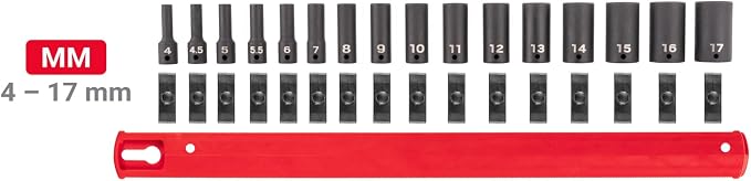 TEKTON 1/4 Inch Drive Impact Socket Set, 16-Piece | SID90108 | (4 - 17 mm), Semi-Deep, 6-Point, Socket Rail