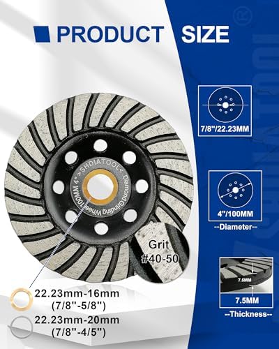 SHDIATOOL 4 Inch Turbo Row Diamond Grinding Cup Wheel for Concrete Granite Marble Masonry Brick Fits 7/8 Inch or 5/8 Inch Arbor