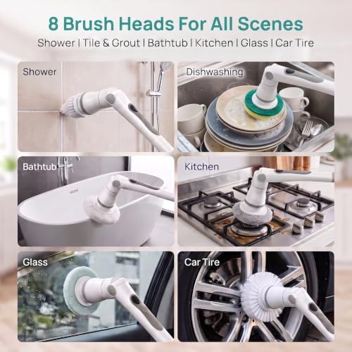 Electric Spin Scrubber Bathroom, Cordless Scrubber with 8 Heads