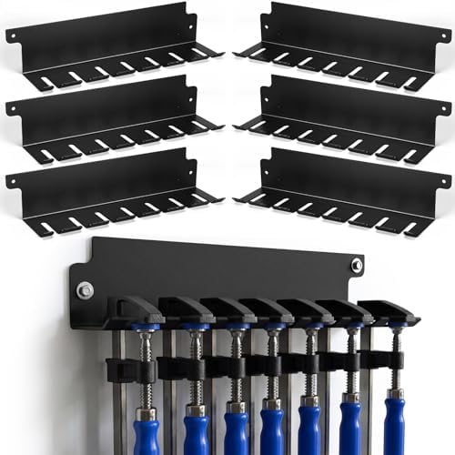 LEIFIDE 6 Pack Parallel Clamp Rack Black Help to Store Heavy Duty Clamps 16'' Long Stainless Steel Clamp Holder Pre-Drilled 16 inch on Center for Mounting to Wall Stud Workshop Organizer and Storage