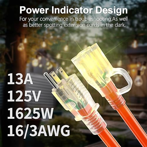 HUANCHAIN Indoor Outdoor Orange Extension Cord 50 FT with Lighted 16 Gauge