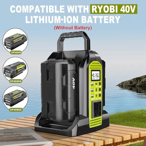 Choerinton 350W Power Inverter for Ryobi 40V Lithium Battery, 2-Port DC to AC 110-120V Inverter with LED Light, 3 USB-A,1 USB-C, DC and AC Ports, Portable Battery Inverters for Outdoor Use(Tool Only)