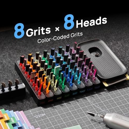 HOZO NeoSander 64pcs Multicolored Sanding Head Collection, 8 Shapes × 8 Grit Levels, Color-Coded System (#180–#1500), Detail Sanding Heads for Precision Finishing, Edges & Surface Preparation