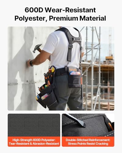 VEVOR Tool Belt, 19 Pockets Tool Pouch with Suspenders for Men, Heavy Duty Adjustable Utility Belt Work Bag Detachable Suspension Rig for Electrician, Carpenter, Construction, Adjust Waist 31 to 51in