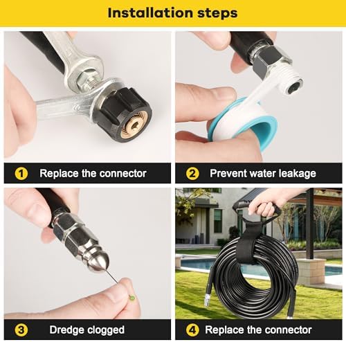 Pressure Washer Drain Jetter – Sewer Jetter Kit for Pressure Washer 200ft 1/4 Inch NPT Hose Nozzles and Adapter 5800PSI Clears Clogs in Pipes & Sewer Lines