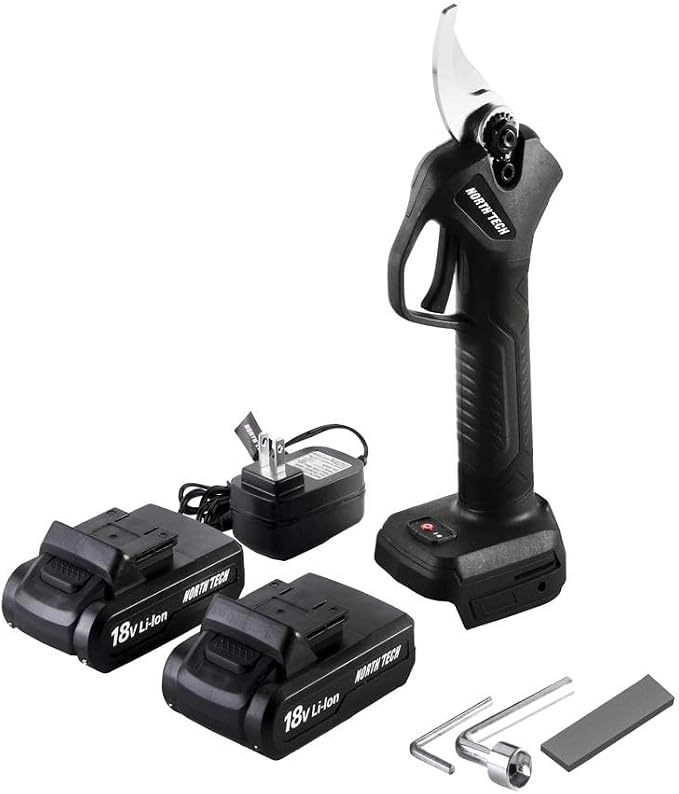 North Tech 18V Cordless Pruning Shears, Brushless Motor, High Carbon Steel Blade, 1 Inch Cutting Capacity, 2 Batteries Included
