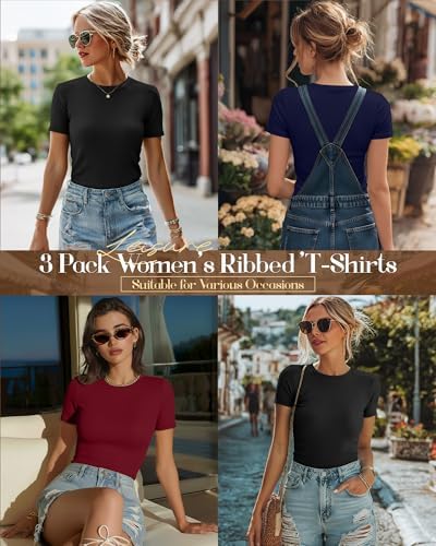 Ficerd 3 Pack Women's Ribbed Short Sleeve T-Shirts