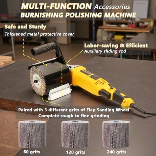 Burnishing Polishing Machine Adapter for Angle Grinder, US 5/8-11 Spindle Thread,Handheld Electric Stainless Steel Polisher for Metal, Stainless Steel, Wood (3Pcs Flap Wheels).