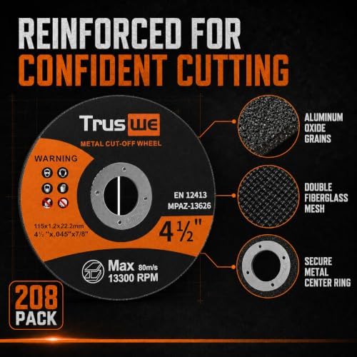 208 Pack Cut Off Wheels - 4 1/2 Inch Metal and Stainless Steel Cutting Wheel for Angle Grinder Ultra Thin Cut-Off Wheel Cutting Disc