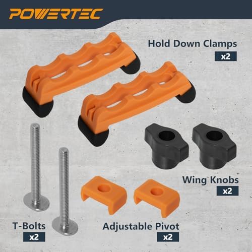 POWERTEC 2PK Adjustable Mini Hold Down Clamps, Multi-Positionable T Track Clamp, Reinforced Plastic Clamps with 1/4”- 20 Steel T Track Bolts for Drill Press, Router Table, CNC Machine & More (71786)