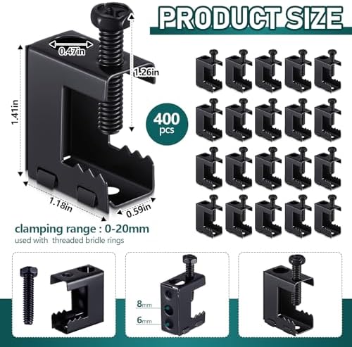 Tandefio 400 Pcs 1/4"-20 Spring Steel Beam Clamps Metal Beam Hanger, Black