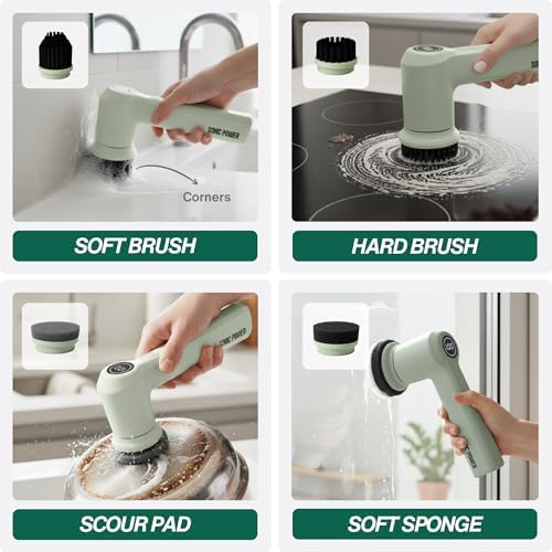 SonicPower Electric Spin Scrubber – Handheld & Ergonomic, IPX7 Waterproof, 4 Multi-Purpose Brush Heads, Long-Lasting Rechargeable Battery – Cleans Dishes, Bathroom, Tile, Grout & Kitchen (Sage)