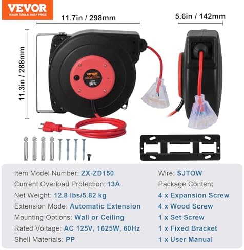 VEVOR Retractable Extension Cord Reel, 50 FT, Heavy Duty 14AWG/3C SJTOW Extension Power Cord with Lighted Triple Tap Outlet, 13A Circuit Breaker 180° Swivel Bracket for Ceiling or Wall Mount, Red