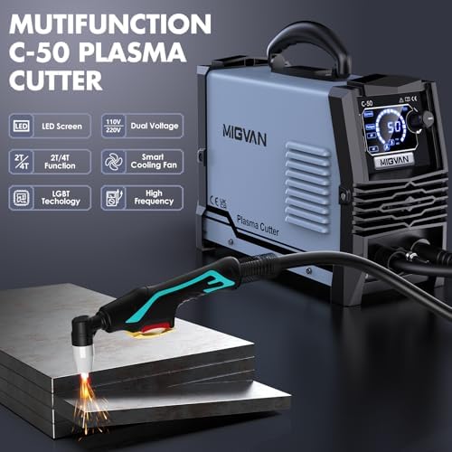 50Amps Plasma Cutter, Large LED Screen Display, MIGVAN Cutter Machine 110/220V Dual Voltage, 1/2" Cut DC IGBT Inverter, Post Flow 2T/4T Metal Cutting Machine with Torch & Tips for Beginners Home DIY
