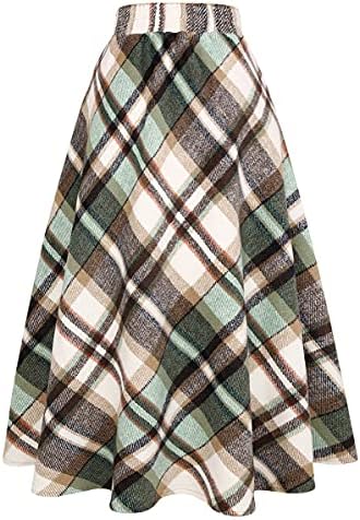 IDEALSANXUN Womens Plaid Wool Skirts Elastic Waist A-Line Pleated Tartan Long Skirts