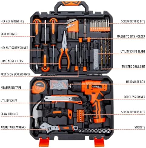 CARTMAN 150PCS 8V Cordless Drill Hand Tool Set, Orange Household Repair Kit