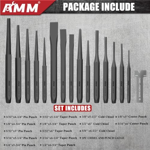 AMM 16PC Heavy Duty Punch Chisel Set, Cr-V for Metal Wood Automotive