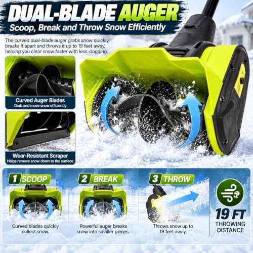 10 Amp Electric Snow Shovel, 12-Inch Corded Snow Thrower with Adjustable Handle, Dual-Blade Auger & 19 FT Throwing Distance, Lightweight Snow Blower for Driveways, Sidewalks & Patios, Black/Green