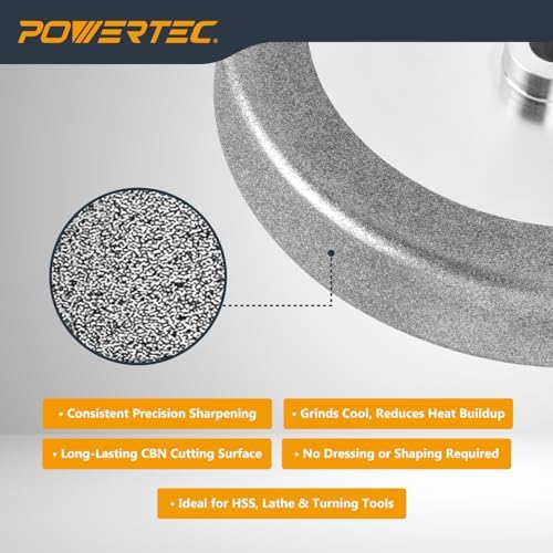 POWERTEC CBN Grinding Wheel 8 Inch 80 Grit, 1-1/2" Wide, 5/8" Arbor – 4-in-1 CBN Sharpening Wheel with 1/4" Radius Edge and Side Face for Bench Grinder (15707)