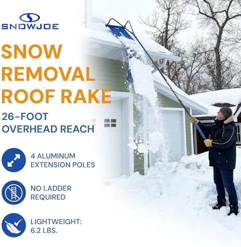 Snow Joe RJ208M Roof Rake Snow Removal Tool, Snow and Ice Scraper with Debris Slide and 28-Foot Reach, Includes 4 Adjustable Extension Poles
