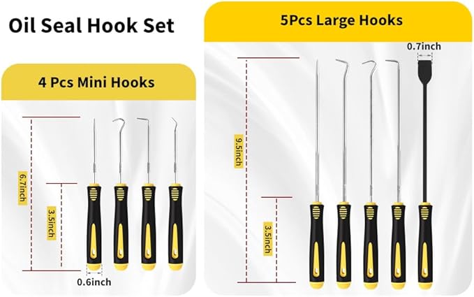 9PCS Hook and Pick Tool Set with Scraper- Automotive Pick Set with Metal Pick Tools & Ergonomic Grip, Mechanic Tool Set for Car Repair, O-Rings, Gaskets, and Tight Spaces