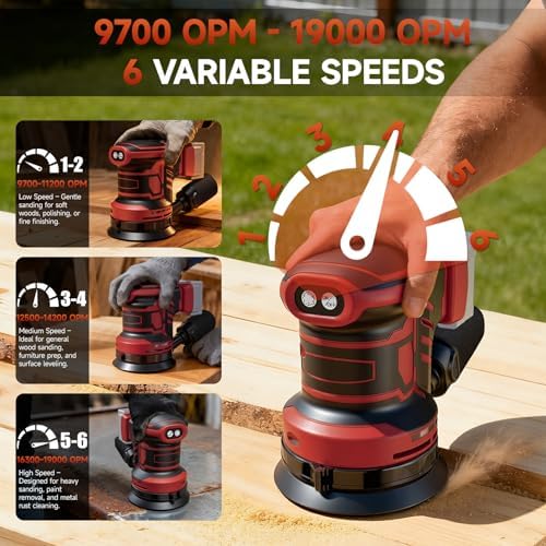 Cordless Sander Compatible with Milwaukee 18V Battery, Random Orbit Sanders 5 Inch Brushless with 6 Variable Speed 9700-19000RPM, 20PCS Sanding Discs & Dust Collector(No Battery)