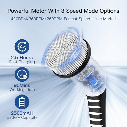 Electric Spin Scrubber, Cordless Voice Prompt Shower Scrubber with 8 Replaceable Brush Heads, 3 Adjustable Speeds, Long Handle for Bathroom Floor and Tile